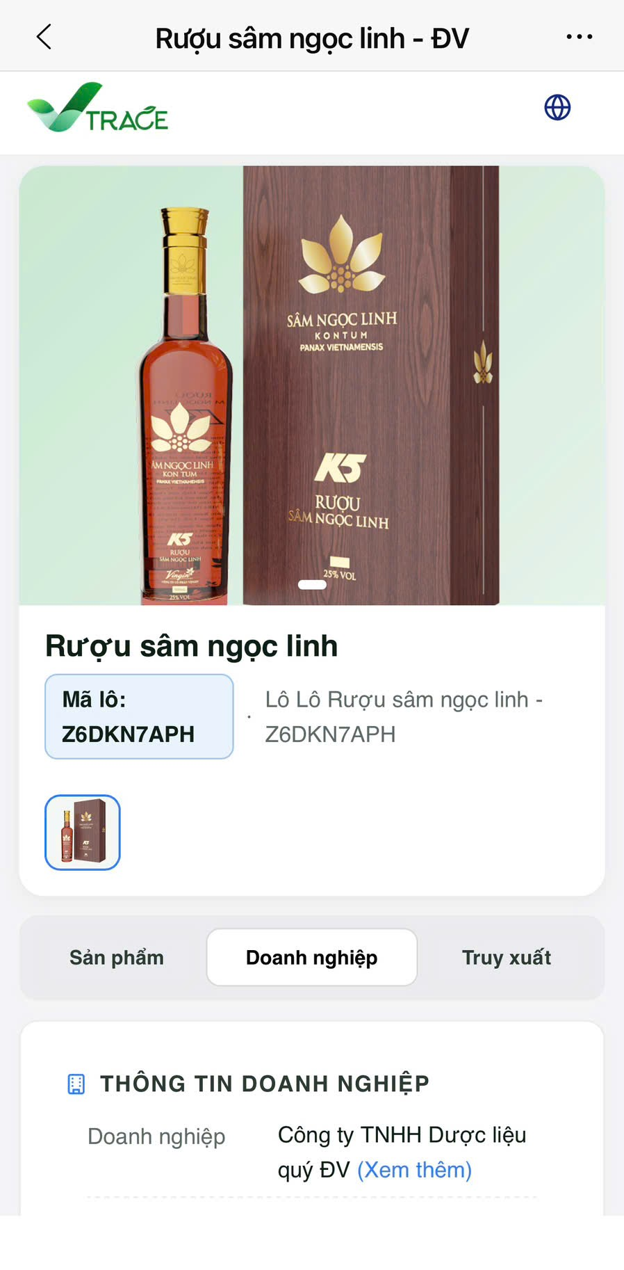 Giao diện truy xuất nguồn gốc 1QR